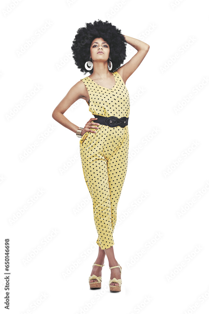 Poster Retro, afro fashion and portrait of woman isolated on transparent png background in body pose. Vintage club culture, unique funk style and confident model with party costume, disco clothes and pride.