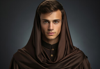 Studio portrait of young priest. Wearing monk robe. Religion concept - obrazy, fototapety, plakaty