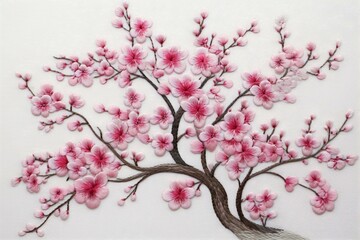 Fototapeta premium Sakura Blossom: Handmade Embroidery of Pink Sakura Branch on Whi