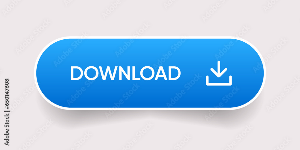 Poster 3D blue download button icon. Upload icon. Down arrow bottom side symbol. Click here button. Save cloud icon push button for UI UX, website, mobile application.