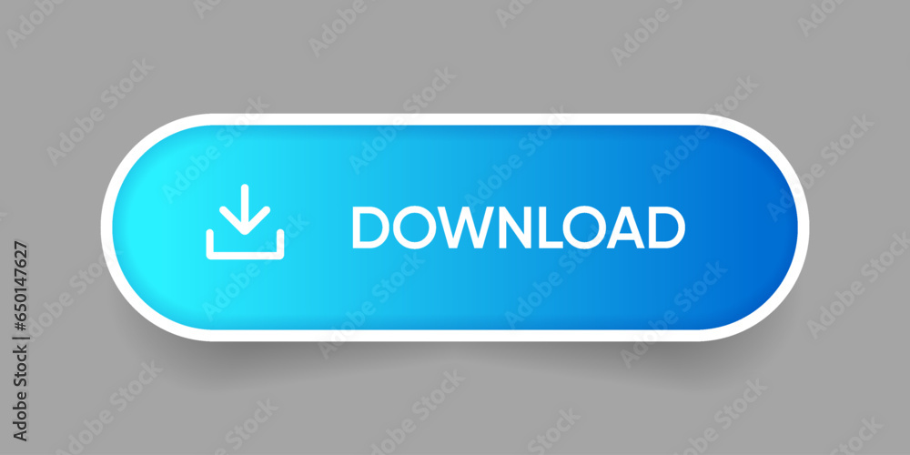 Poster 3D blue download button icon. Upload icon. Down arrow bottom side symbol. Click here button. Save cloud icon push button for UI UX, website, mobile application.