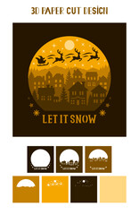 3D Christmas shadow box. Let it Snow phrase. Vector layered tunnel card. Santa Claus flies in a sleigh with reindeer over the winter city. Template for paper cutting. Christmas light box.