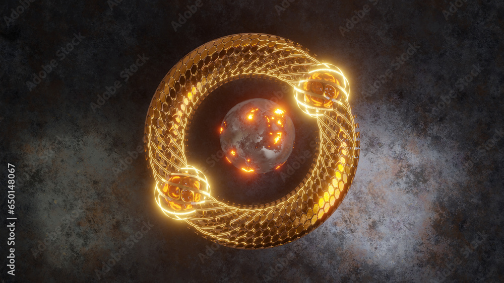 Poster 3d rendering of an abstract torus, a bagel. a geometric figure made of hexagons and a grid with plas