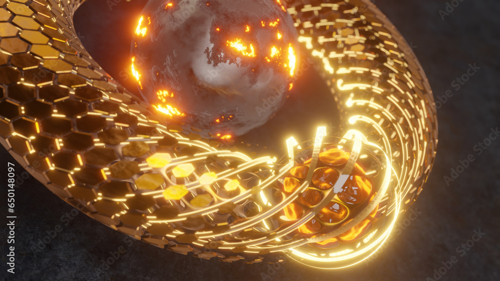 Poster 3d rendering of an abstract torus, a bagel. a geometric figure made of hexagons and a grid with plas