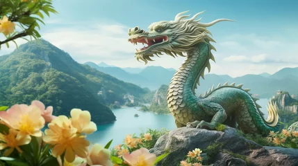 Poster Green Chinese dragon on backdrop of picturesque mountain view © mashimara