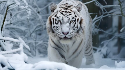 Fototapeta na wymiar Albino white tiger in winter snow