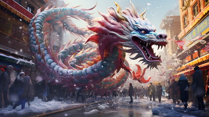 Obraz premium Dragon dance show for Chinese New Year celebration in the city streets