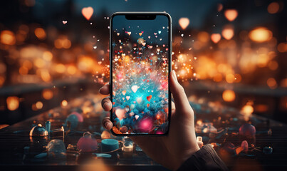 Mobile phone in a man's hand on a blurred background.