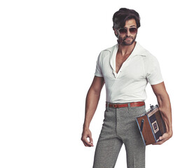 Isolated man, portrait and vintage radio with 70s fashion, sunglasses or smoking by transparent png...