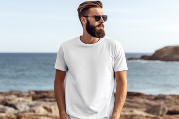 White blank t shirt mock up. Men beach background