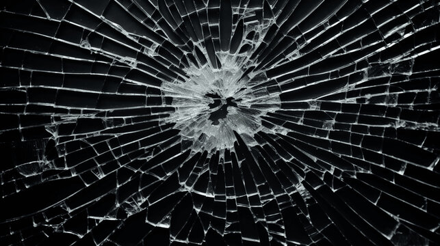 Zerbrochnes Glas mit Einschussloch, schwarzer Hintergrund, gesplittert, kaputt