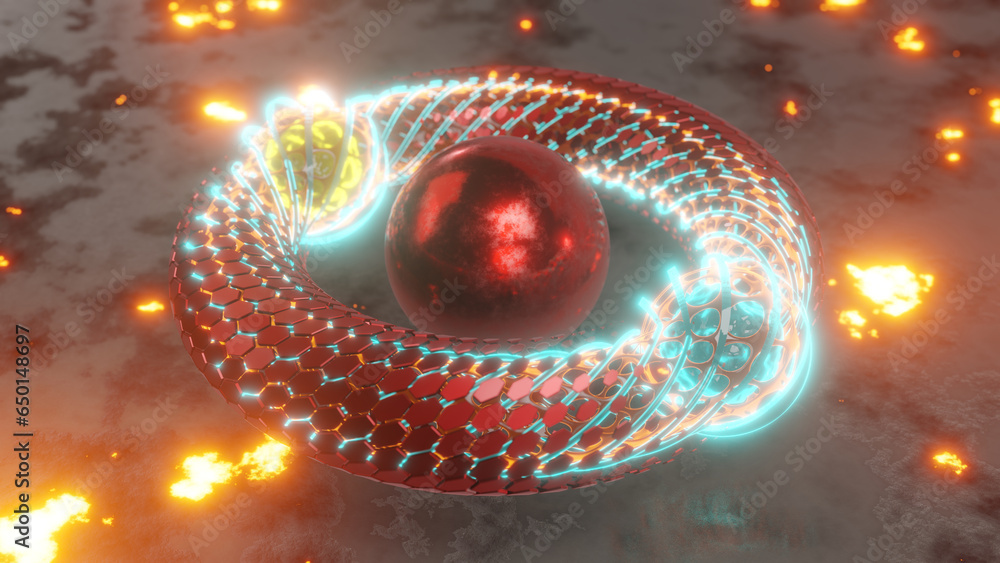 Poster 3d rendering of an abstract torus, a bagel. a geometric figure made of hexagons and a grid with plas
