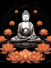 Buddha with various Lotus flowers t shirt design for print design