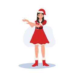 Smiling Young Woman in Santa Claus Costume. Beautiful Girl in Santa Claus Outfit.  Festive Holiday Illustration.