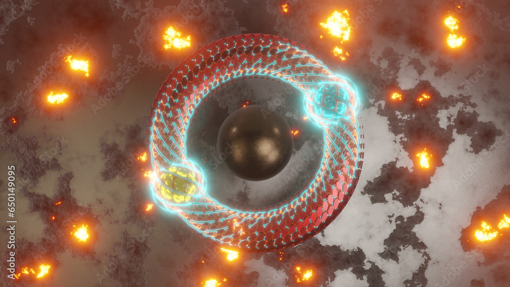 Poster 3d rendering of an abstract torus, a bagel. a geometric figure made of hexagons and a grid with plas