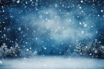 Blue abstract background with snowy forest and snowflakes - obrazy, fototapety, plakaty