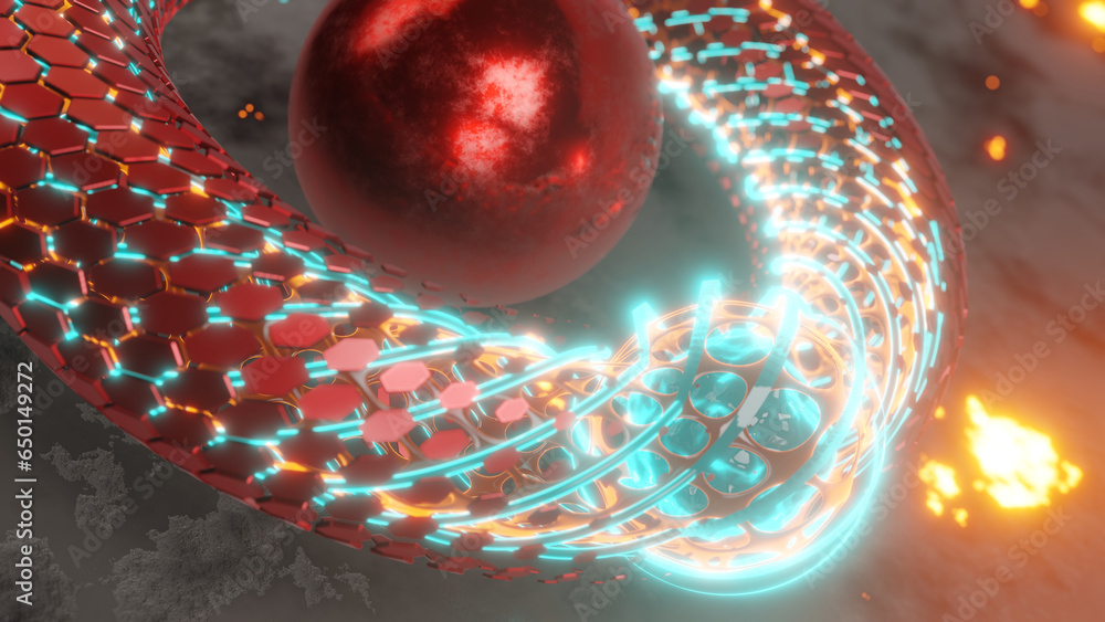 Poster 3d rendering of an abstract torus, a bagel. a geometric figure made of hexagons and a grid with plas