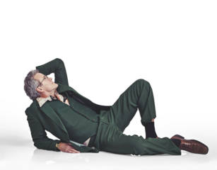 Dancing, fashion and senior man in suit for groovy, retro and vintage outfit listening to music. Disco, pose and elderly model from Canada with elegant style isolated by transparent png background.