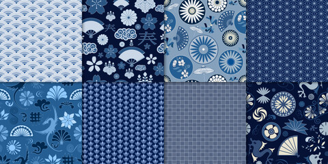Set collection seamless pattern with traditional ornaments elements symbols of Japanese or Asian culture. Designs with waves flowers clouds folding fans dragons sun. Decorative wallpaper
