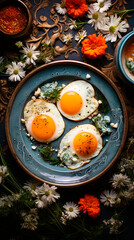 Fried eggs with herbs on plate