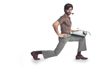 Portrait, smoking pipe and man on typewriter, confident and isolated on a transparent png background. Smoke, writer and journalist on retro technology, style and creative worker in vintage fashion