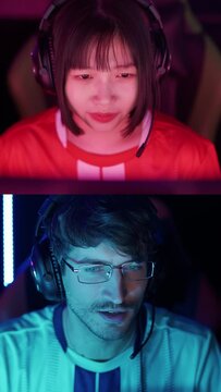 Split screen, portrait of a focused gamers in headphones, the confrontation of two players, cyber sportsmans at the international championship, blue and red neon light, vertical video.