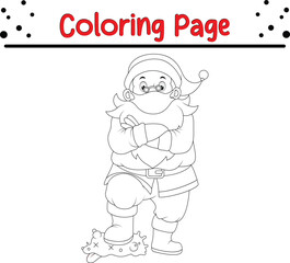 Happy Christmas Santa coloring page. Line art black and white coloring book for kids.