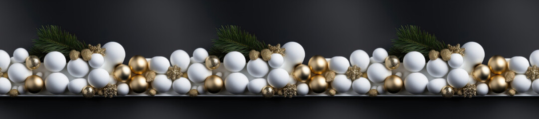 Naklejka na ściany i meble Seamless. A Christmas-themed background image featuring gold and white baubles set against a black background, creating a festive atmosphere. Photorealistic illustration