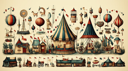 Illustration of a set of vintage circus elements on a white background. - obrazy, fototapety, plakaty