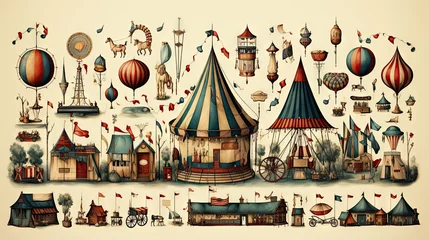 Papier Peint photo Rétro Illustration of a set of vintage circus elements on a white background.