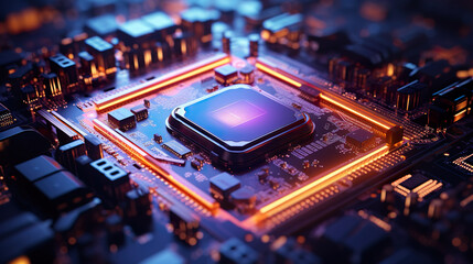 Fototapeta na wymiar High tech computer processor with futuristic CPU on a motherboard with LED lights | Generative AI