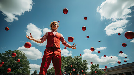 Portrait of a beautiful man clown juggling with red balloons outdoors.