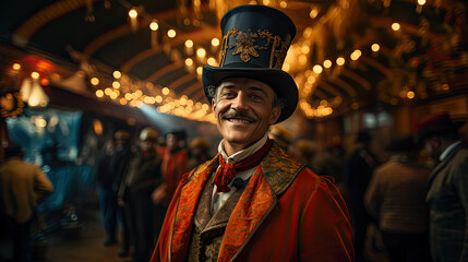 Portrait of a showman in costume at circus. Vintage portrait of male retro circus entertainer.