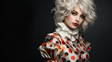 Fashion portrait of beautiful young woman with curly blonde hair and bright makeup in polka dot suit.