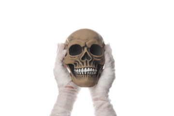 PNG, Skull in hands in white bandage, isolated on white background