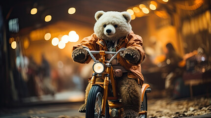 Baby bear in jacket on a motorcycle in circus. - obrazy, fototapety, plakaty