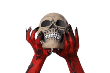 PNG, Skull in red female hands, isolated on white background