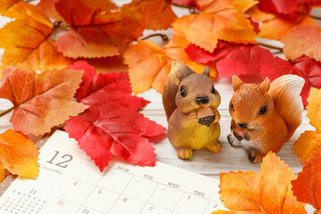 	12月のカレンダーと紅葉した楓とリス