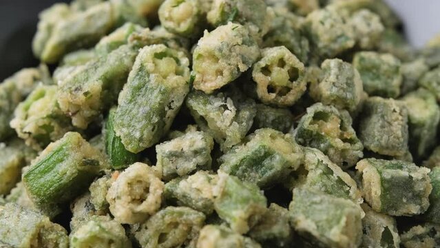 Homemade deep Fried Okra with herbs and spices. Rotating video