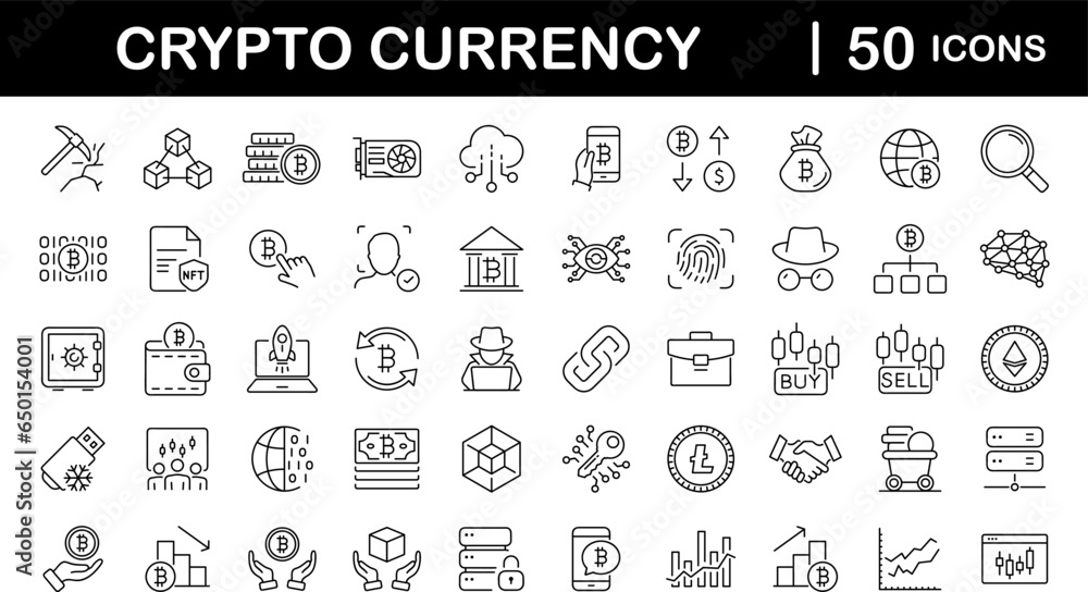 Aufkleber Cryptocurrency set of web icons in line style. Crypto technology and Blockchain icons for web and mobile app. Crypto currency, bitcoin, NFT, technology, decentralized finance, encryption, token