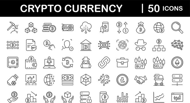 Cryptocurrency set of web icons in line style. Crypto technology and Blockchain icons for web and mobile app. Crypto currency, bitcoin, NFT, technology, decentralized finance, encryption, token