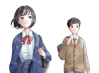 歩く中学生または高校生の水彩風イラスト