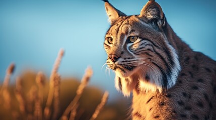 Fototapeta premium Close-up view of an adult Iberian lynx in a Mediterranean oak forest. World's rarest animal.