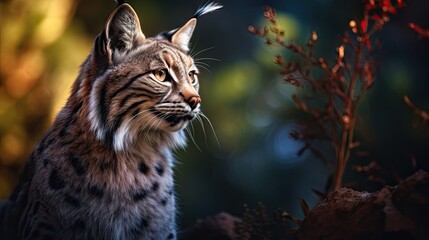 Obraz premium Close-up view of an adult Iberian lynx in a Mediterranean oak forest. World's rarest animal.