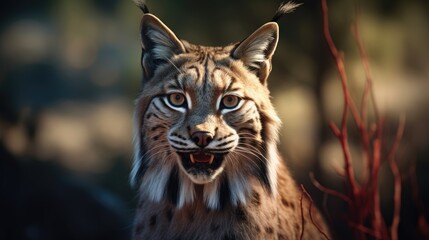Obraz premium Close-up view of an adult Iberian lynx in a Mediterranean oak forest. World's rarest animal.