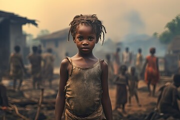Poor African girl in front of her village. Social problems, poverty - obrazy, fototapety, plakaty