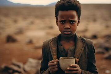 African child close-up with an empty iron mug against the backdrop of a dry river bed. Drought, water shortage problem. - obrazy, fototapety, plakaty