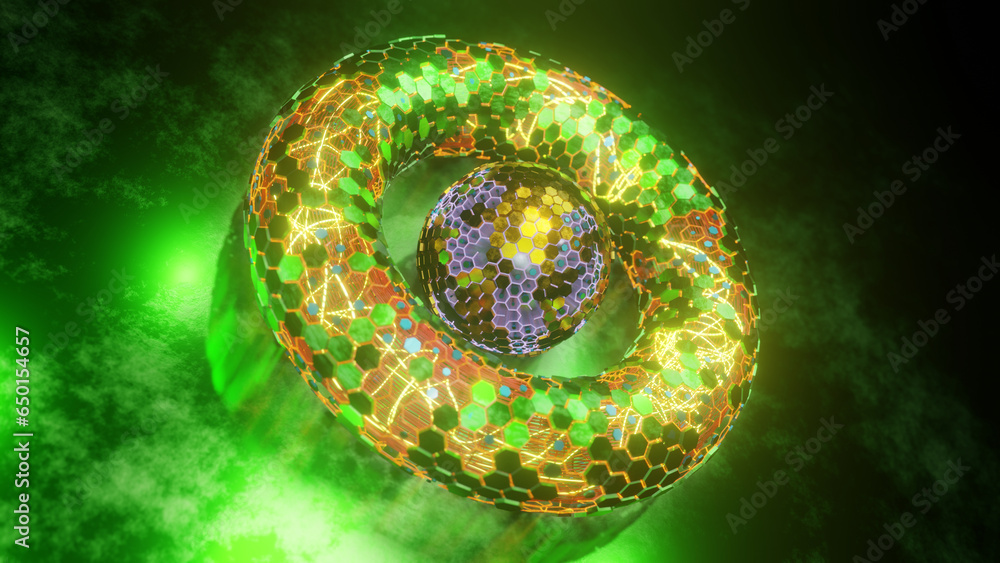 Poster abstract 3d illustration of a torus, a geometric figure made of many honeycombs, metal hexagonal ele