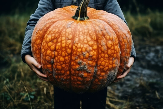 Child carrying big orange squash pumpkin for Thanksgiving
