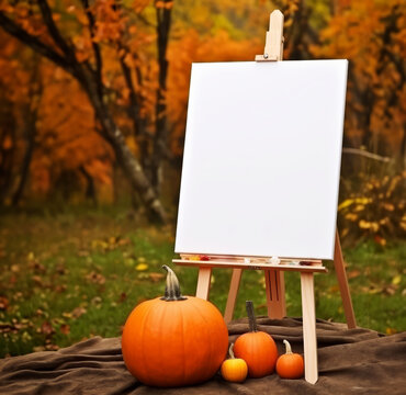 White easel with pumpkins for Halloween as mock-up template